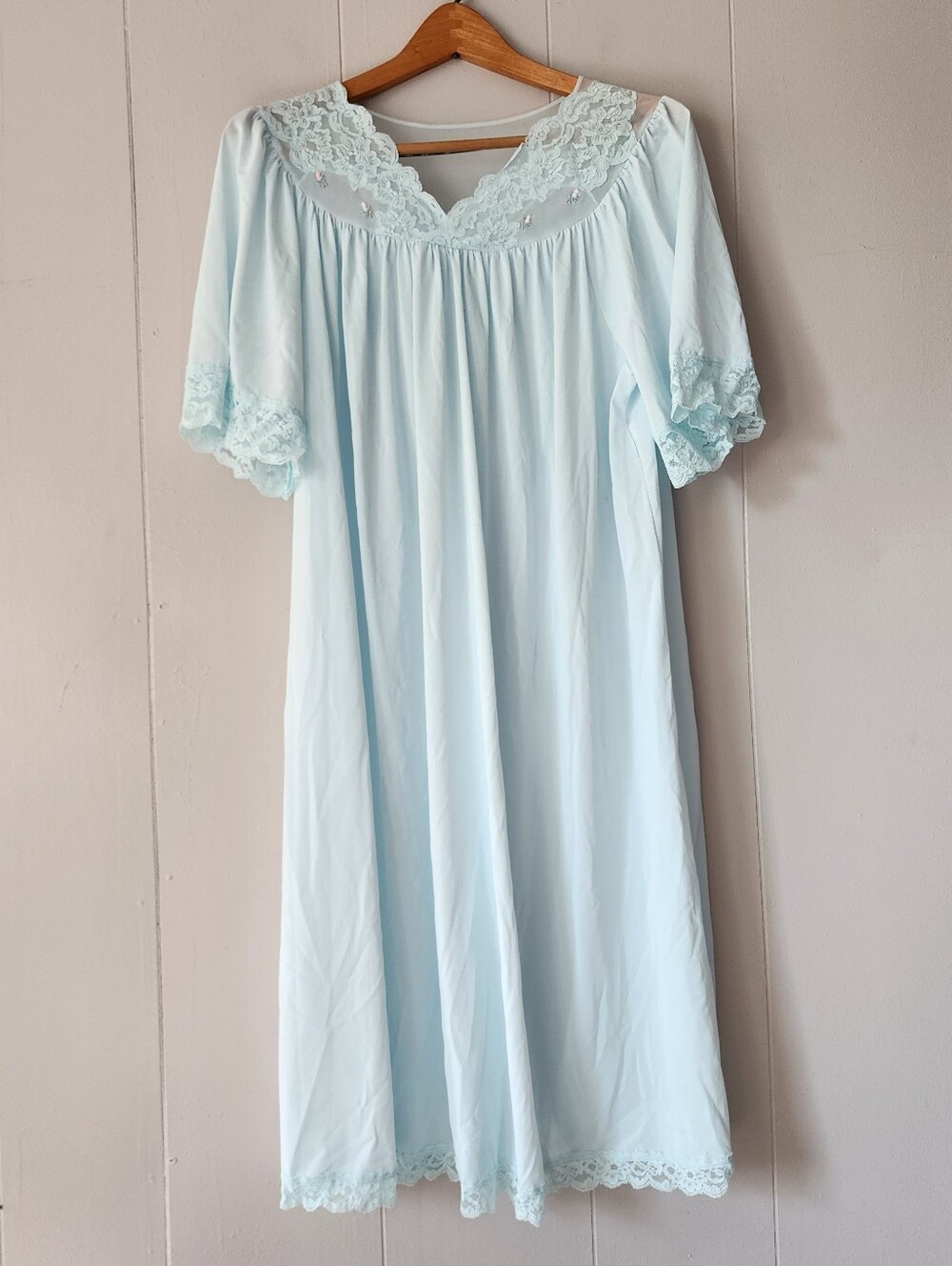 Shadowline Nylon Nightgown Blue White Lace Vintage USA Made Large Lace